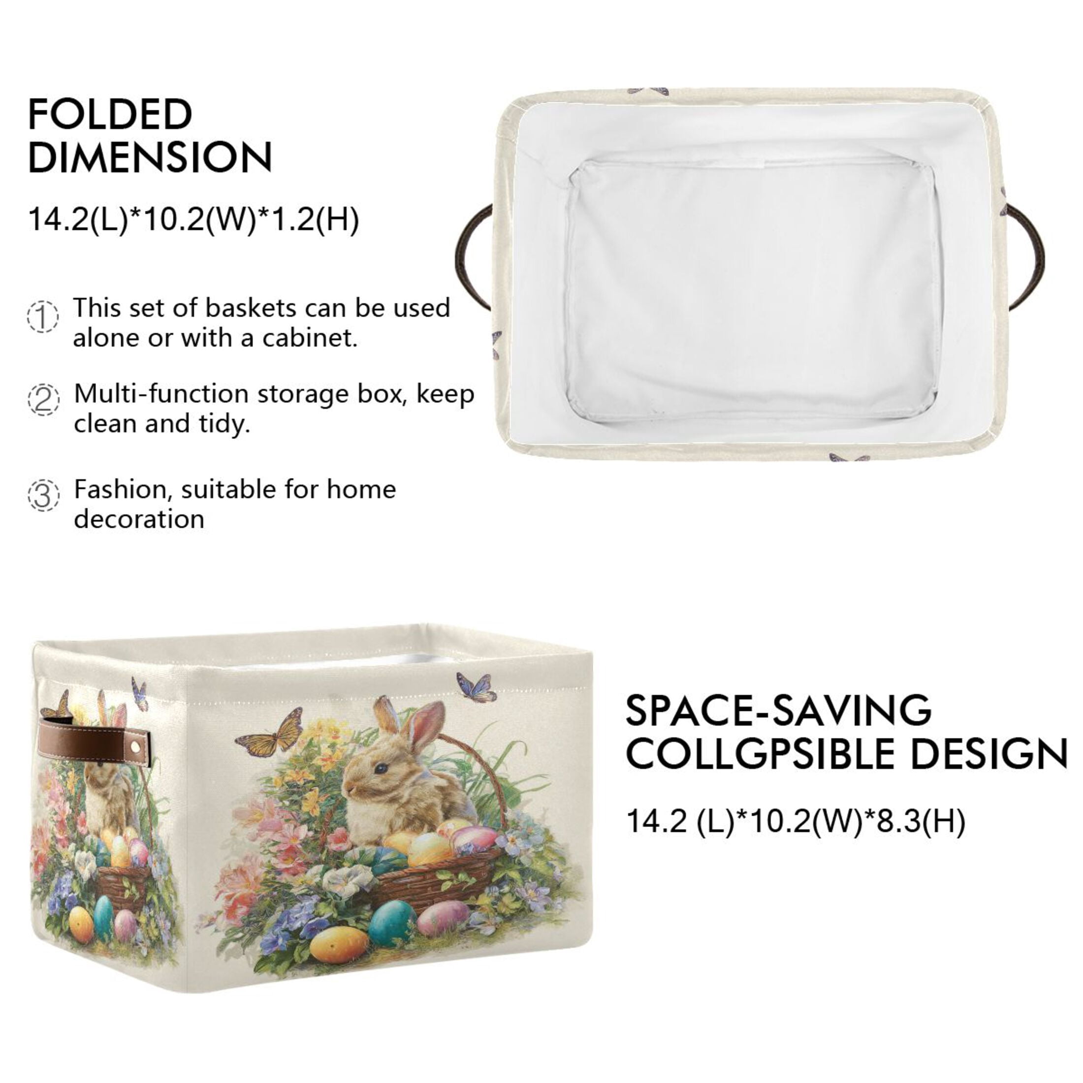 Wobogo Easter Egg Basket Bunny Square Storage Basket Set of 2 with Waterproof Canvas and PE Lining Durable PU Leather Handles 14.2×10.2×8.3in