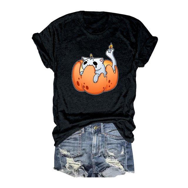 T-shirt Graphique d'Halloween pour Femmes Manches Courtes Col Rond pour Printemps Été Activités Extérieures et Usage Quotidien