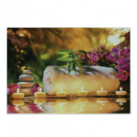 Spa Cutting Board, Classic Relaxing Day Joy in the Garden Romantic Candles and Orchids, Decorative Tempered Glass Cutting and Serving Board, Small Size, Purple White and Green, by Ambesonne