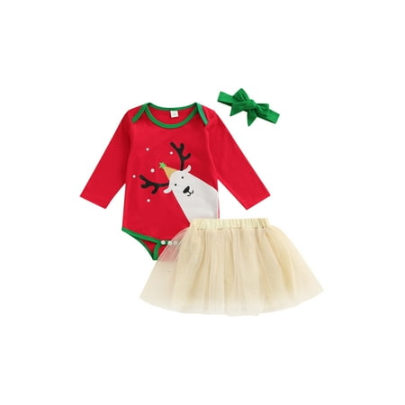 

3pcs Christmas Baby Girl Suit Elk Print Long Sleeve Romper Net Gauze Skirt With Bow Headdress 0-18M