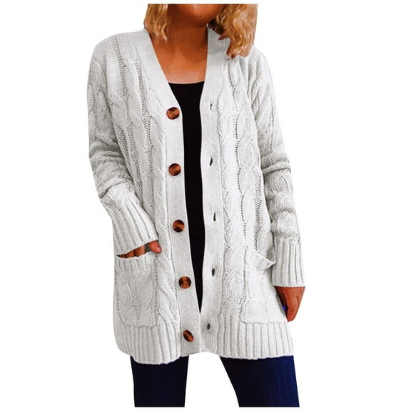 Jgppe Women's Open Front Cardigan Sweater with Pockets Warm Loose Long Sleeve Cable Knit Button Sweater Outwear
