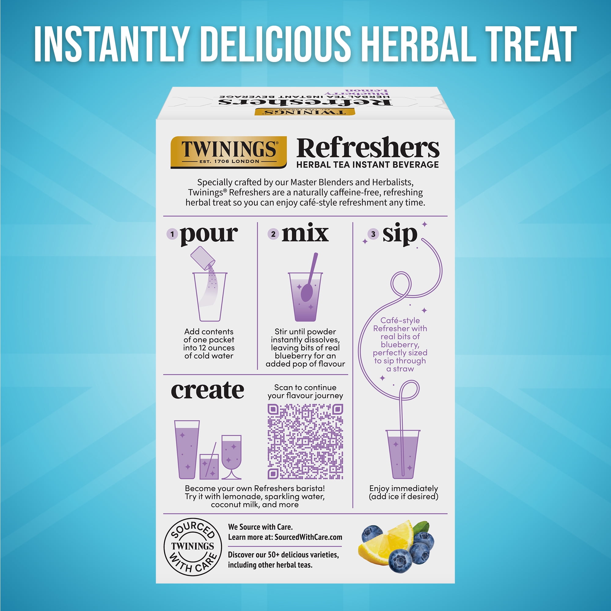 Twinings Refreshers Blueberry Lemon Herbal Tea Drink Mix, Naturally Caffeine Free, 5 Packets