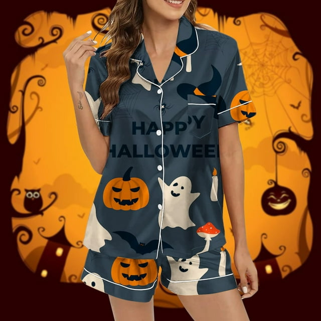 Kelon Ensembles de Pyjama pour Femmes en Liquidation, Pyjamas pour Femmes, Pyjamas Graphiques Imprimés en Satin Mignons, Vêtements de Nuit à Boutons, Hauts à Manches Courtes, Ensembles de Shorts