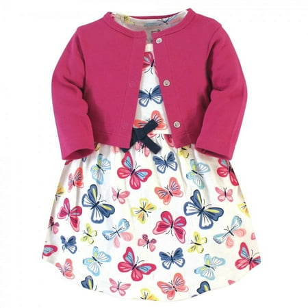 UPC: 0660168613216 | Touched by Nature Baby and Toddler Girl Organic Cotton Dress and Cardigan 2pc Set Bright Butterflies 0-3 Months