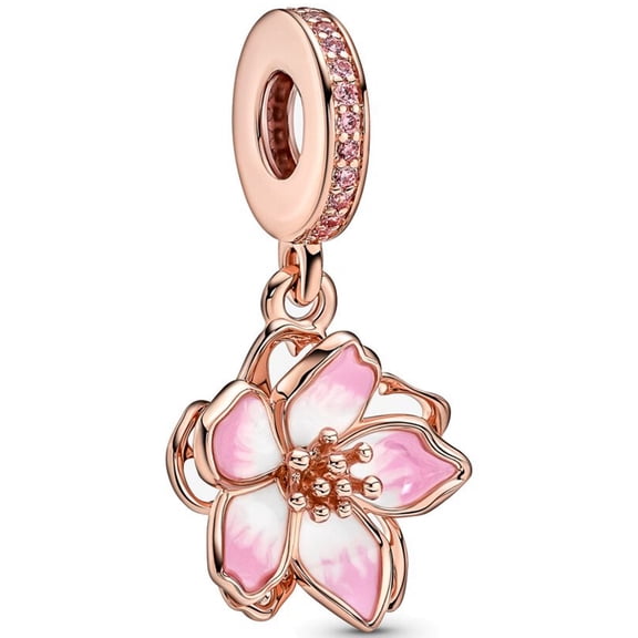 925 Sterling Silver Rose Gold Pink Gradient Magnolia Flower Dangle Charm for Bracelet Charms Bangle Pendant Jewelry