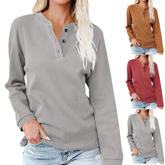 idosla Women's V Neck Button Pullover Sweatshirts Long Sleeve Casual Tops Solid T-Shirts for Fall Winter Brown (Brown, M)