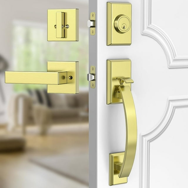 Ensemble de Serrure de Porte d'Entrée Poignée de Porte d'Entrée Dorée et Pêne Dormant Ensemble Réglable.en Or Poignée d'Entrée Extérieure Lourde Réversible