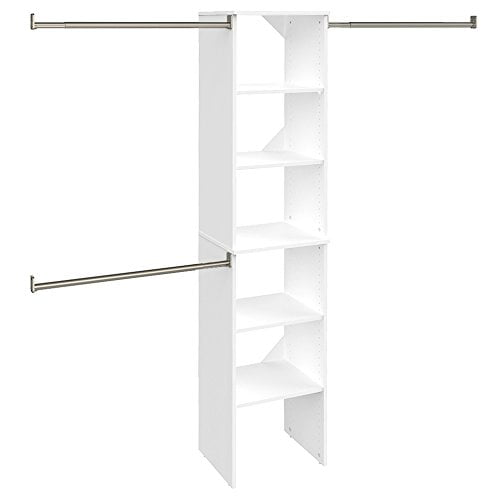 ClosetMaid SuiteSymphony Kit básico de organizador de armario de madera con torre y 3 barras para colgar, estantes, ajustable, se adapta a espacios de 4 a 9 pies de ancho, madera de ingeniería, blanco