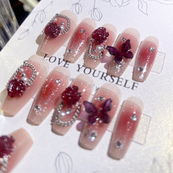 Y2k Nails 3D Rose Butterfly Designs Gradient Pink Fake Nails Press On Long Ballet False Nails Pearl Diamond Full Cover Nail Tips
