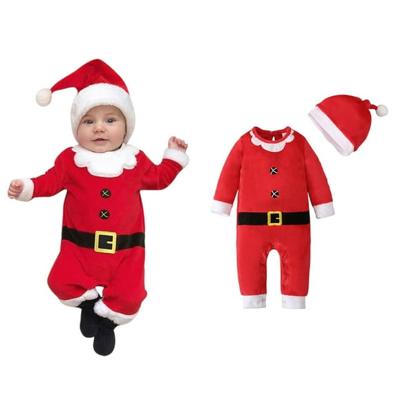 Santa Outfit Boy Long Sleeve Romper & Jumpsuit Hat Sets Baby Santa Outfit Party Outfit 3-6 Months