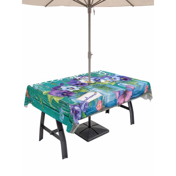 Outdoor Tablecloths with Umbrella Hole & Zipper, Hello Spring Tablecloth Rectangle 60x84 Inch, Pastoral Purple Bottle Floral Dark Green Wood Waterproof Table Cloth, Patio/Pool/Picnic Table Covers