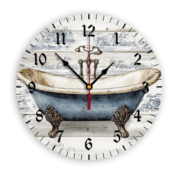 YladaFaie Watercolor Vintage Bathtub Wall Clock Silent 10 Inch Battery Operated Non Ticking Round Decorative PVC Quiet Clocks for Bedroom Office School Home