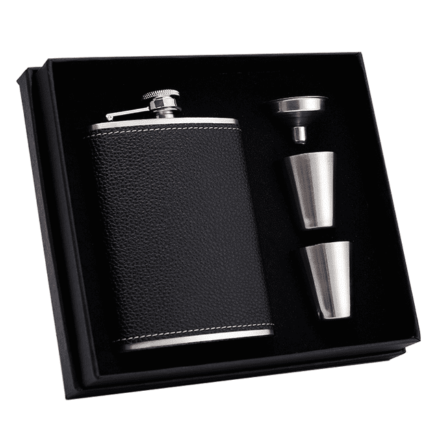 HipFlaskGiftSet,HipFlasksforLiquorforMenwithBlackLeatherCover,