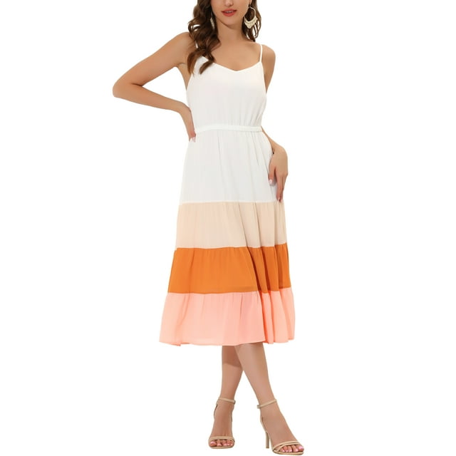 INSPIRE CHIC Vestido Midi de Verano para Mujer con Tirantes Ajustables y Escote en V, Vestido Boho de Fiesta y Playa, Maxi en Blanco y Rosa M