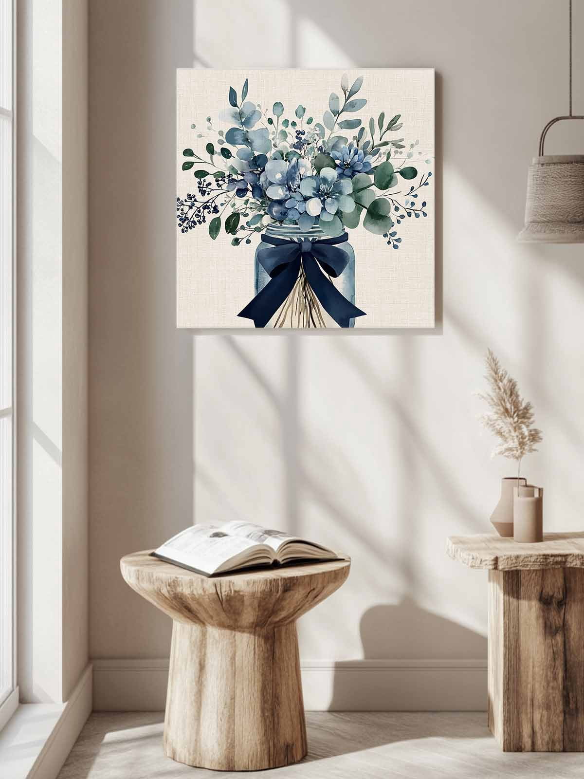 Blue Floral Canvas Wall Art, Pastoral Eucalyptus Leaf Bow Vase Framed Wall Decor Modern Artwork Prints Painting for Living Room, Bedroom, Kitchen & Cafe Decor 12x12 Inch