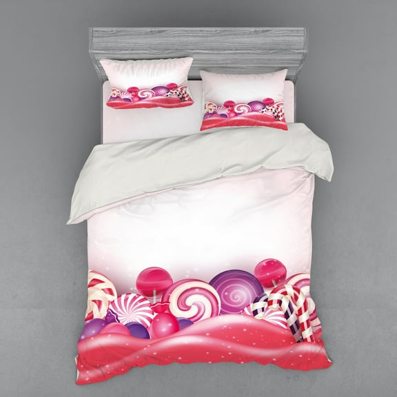 Ambesonne Modern Bedding Set 4 Pcs, Rainbow Swirl Lollipop, Queen, Dark Coral Pale Pink