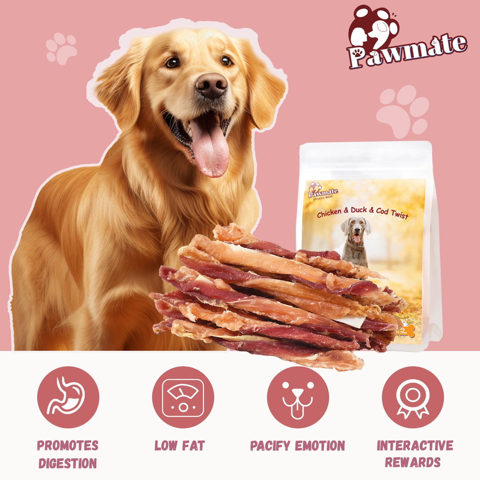 (2 pack) Pawmate Chicken Jerky & Duck & Cod Twist Dog Treats, Premium Pure Meat Snacks for All Dogs, 28-29 Count