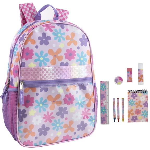 17 Inch Floral Backpack with Matching Stationary Kit Containing Crayons, Ruler, Eraser, Pencil Sharpener and Notepad in Floral Frenzy Print