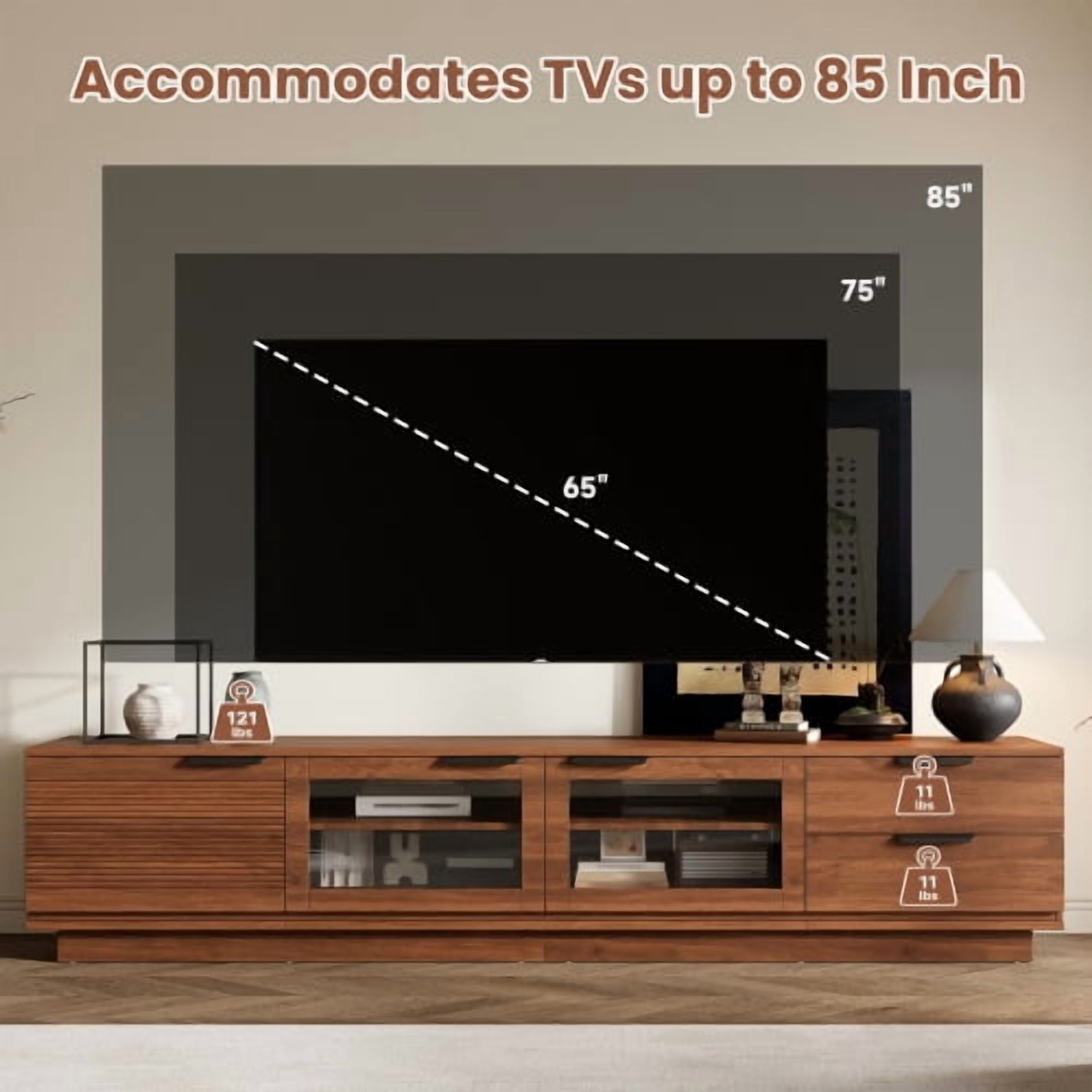 78-inch Modern TV Stand for TVs up to 85", Floor-Standing Entertainment Center with Two Drawers, Glass Doors, Soft-Closing Hinges, and Cable Management for Living Room