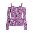 thumbnail image 4 of WREESH Womens Fashion Off The Shoulder Tops Slim V Neck Casual Patchwork Color Printing T-Shirts Long Sleeve Pullover Blouse Tops Purple, 4 of 5
