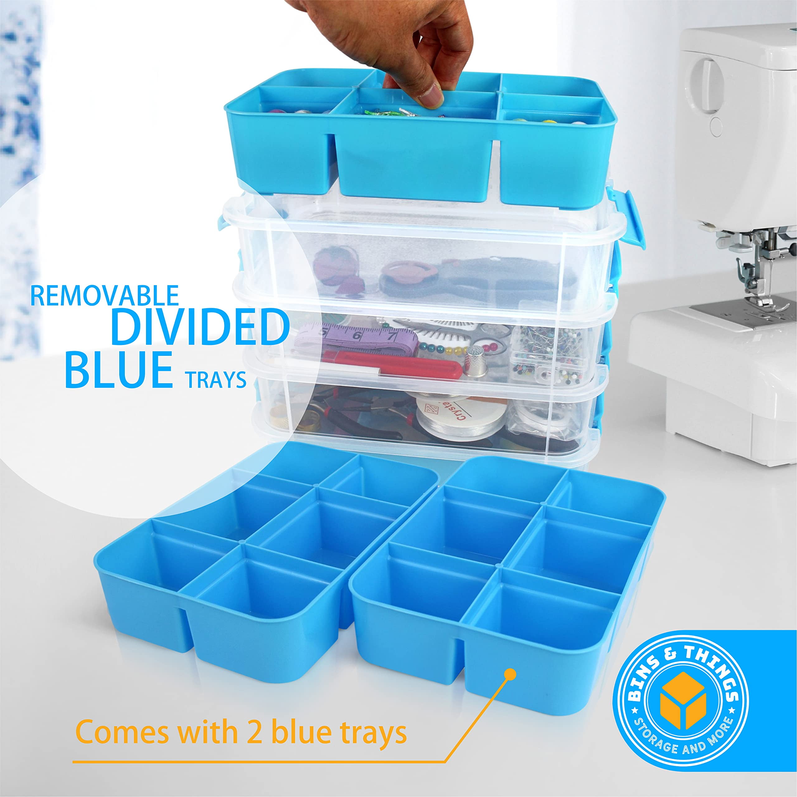 Blue 2 Tray Cantilever Arts & Crafts Storage Box with Compartments