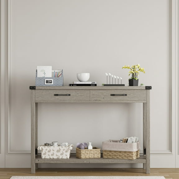 Huloretions Grey Entryway Table, 43" Farmhouse Console Table, 2-Tier Wood Sofa Table with Shelf, Behind Couch Table, Console Tables for Entryway, Living Room, Hallway, Foyer