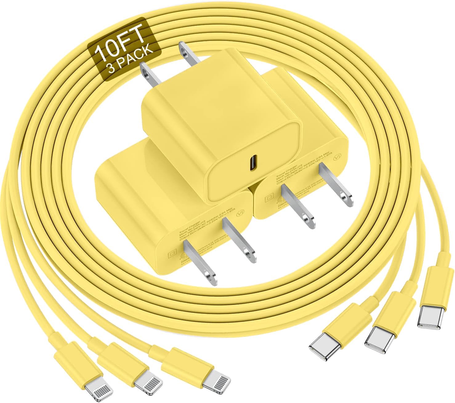 RGHJAR-Phone Charger Fast Charging 10 FT, Long USB C to Lighting Cable 10 Foot with 20W USB C Rapid Phone Charger Block, Compatible with iPhone 14 Pro/13Pro Max/12/11Pro/Mini, 2 Pack - Yellow