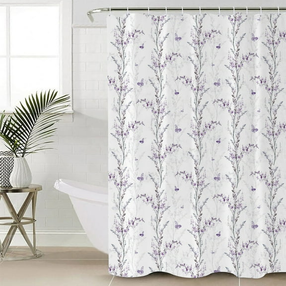 Purple Botanical Waterproof Fabric Shower Curtain, Butterfly Spring Floral Summer Botanical Shower Curtain for Bathroom Curtains Bathtubs Hotel Washable Shower Curtains with 12 Hooks Standard 66x72