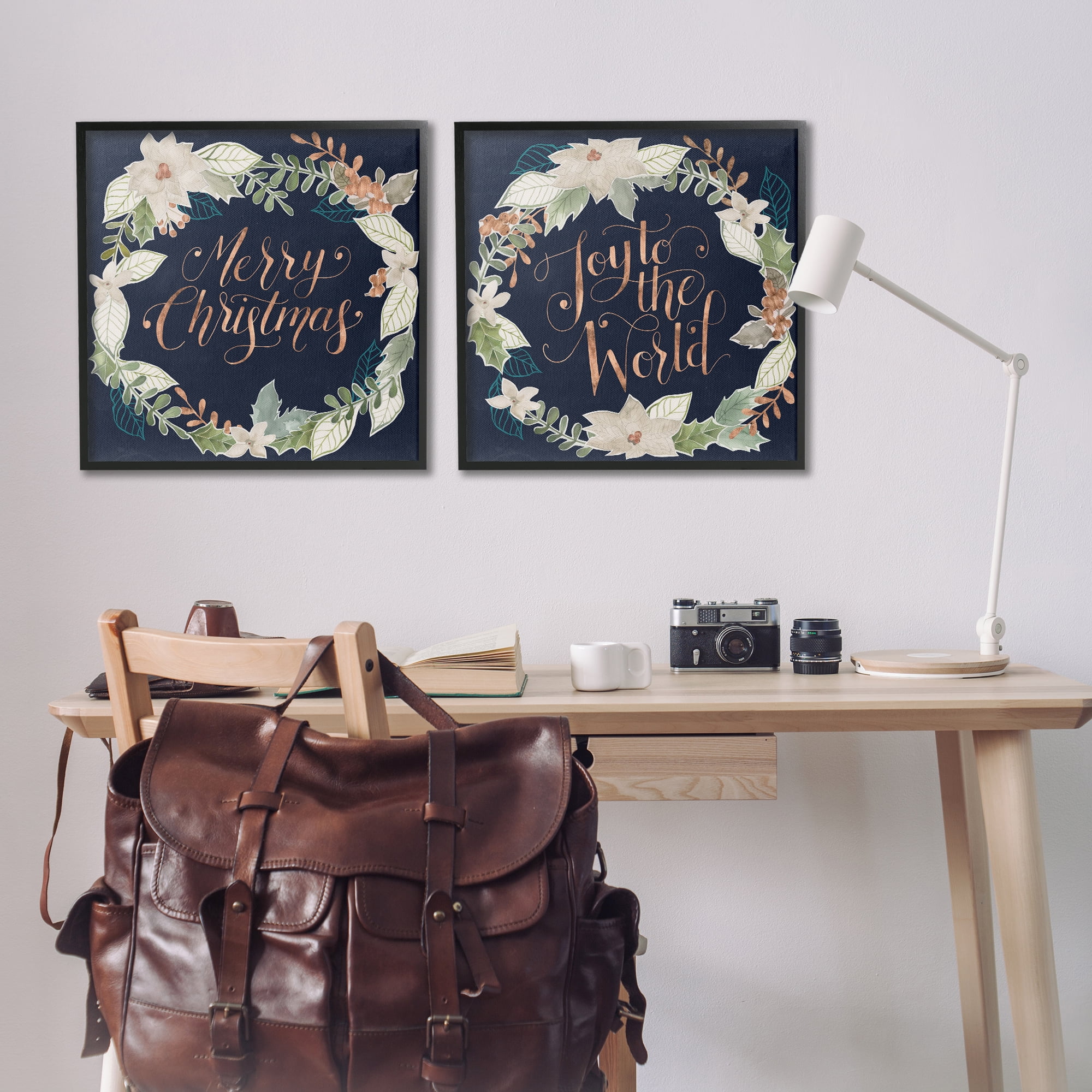Stupell Industries Merry Christmas Joy Wreath Holiday Painting Black Framed Art Prints Wall Art, 24 x 24, Set of 2