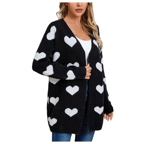 Women's Heart Print Knitted Long Cardigan Sweater V Neck Open Front Sweater Outerwears