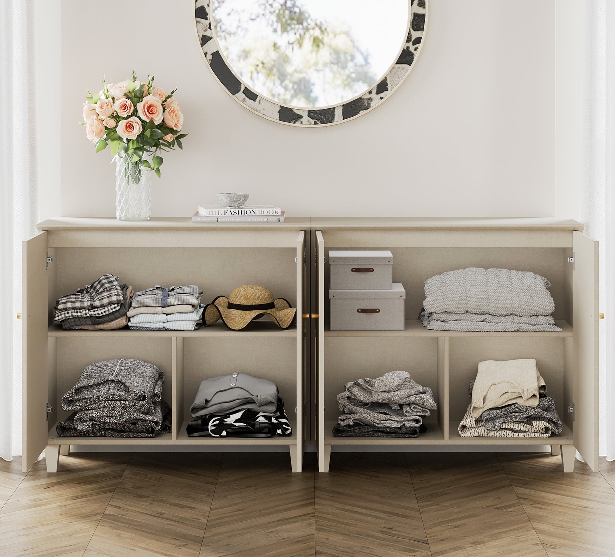 WAMPAT 2-in-1 Dresser Cabinets with 6 Compartments for Bedroom, Modern Wood Wide Dresser Chest with Doors, Beige,1 Pack
