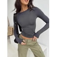 thumbnail image 6 of Women Basic Long Sleeve T Shirt Crew Neck Slim Fitted Crop Top Causal Solid Y2k Pullover Going Out Tight Tees Tops, 6 of 7