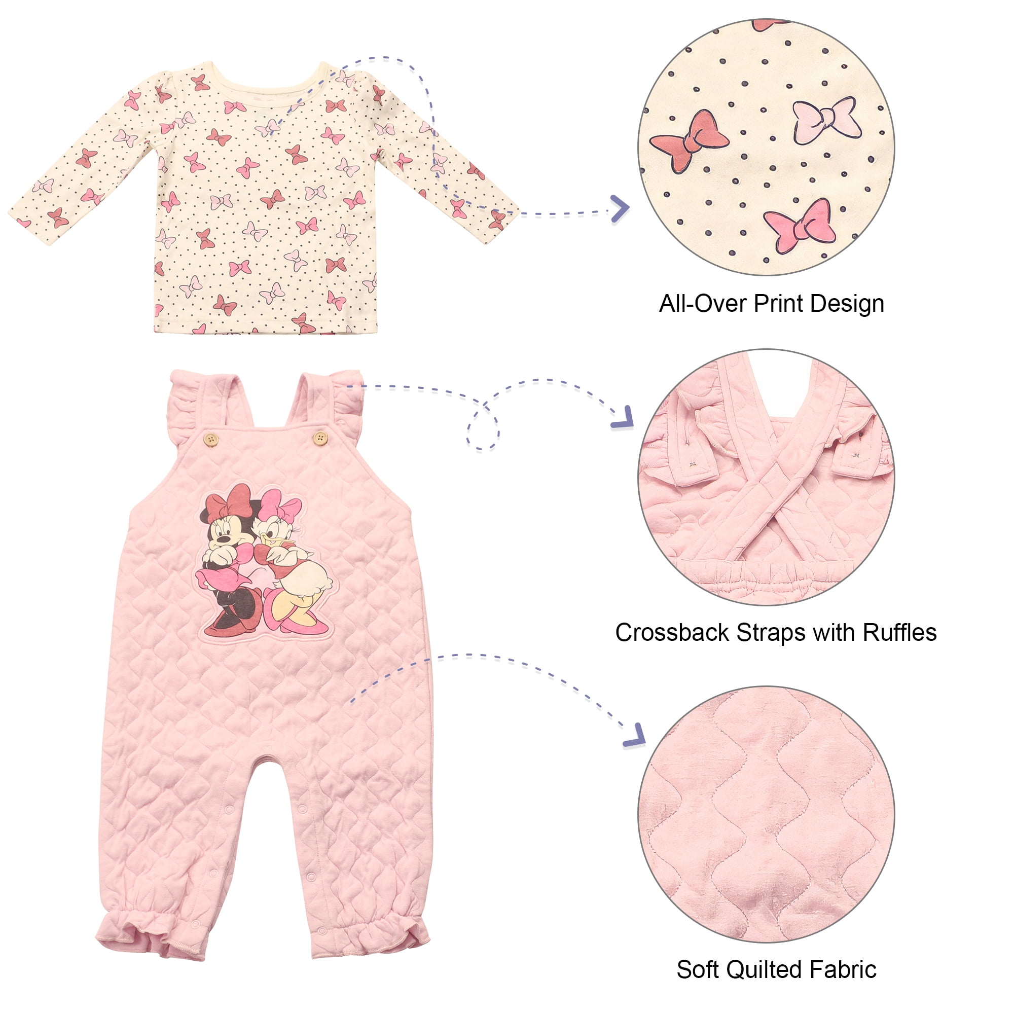 Disney Clothes Baby Girls 2-Piece Overall Set – Long Sleeve Top with Suspender Romper Minnie, Pooh, Bambi & Marie (Newborn–Infant)