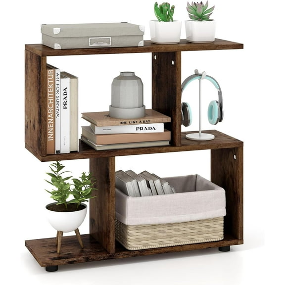 RONG-3 2 Tier Geometric Bookshelf, Freestanding Wood Display Shelf, Home Office Room Divider S Shaped Open Bookcase, Small Bookshelf for Small Spaces, Living Room, Study (Coffee, 1)