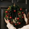 thumbnail image 6 of 11.81" Christmas Wreath with Green Velvet Bow, Red Baubles & Pinecones, Pre-Decorated Artificial Pine Wreath with White Reindeer for Front Door Wall Decor, 6 of 9