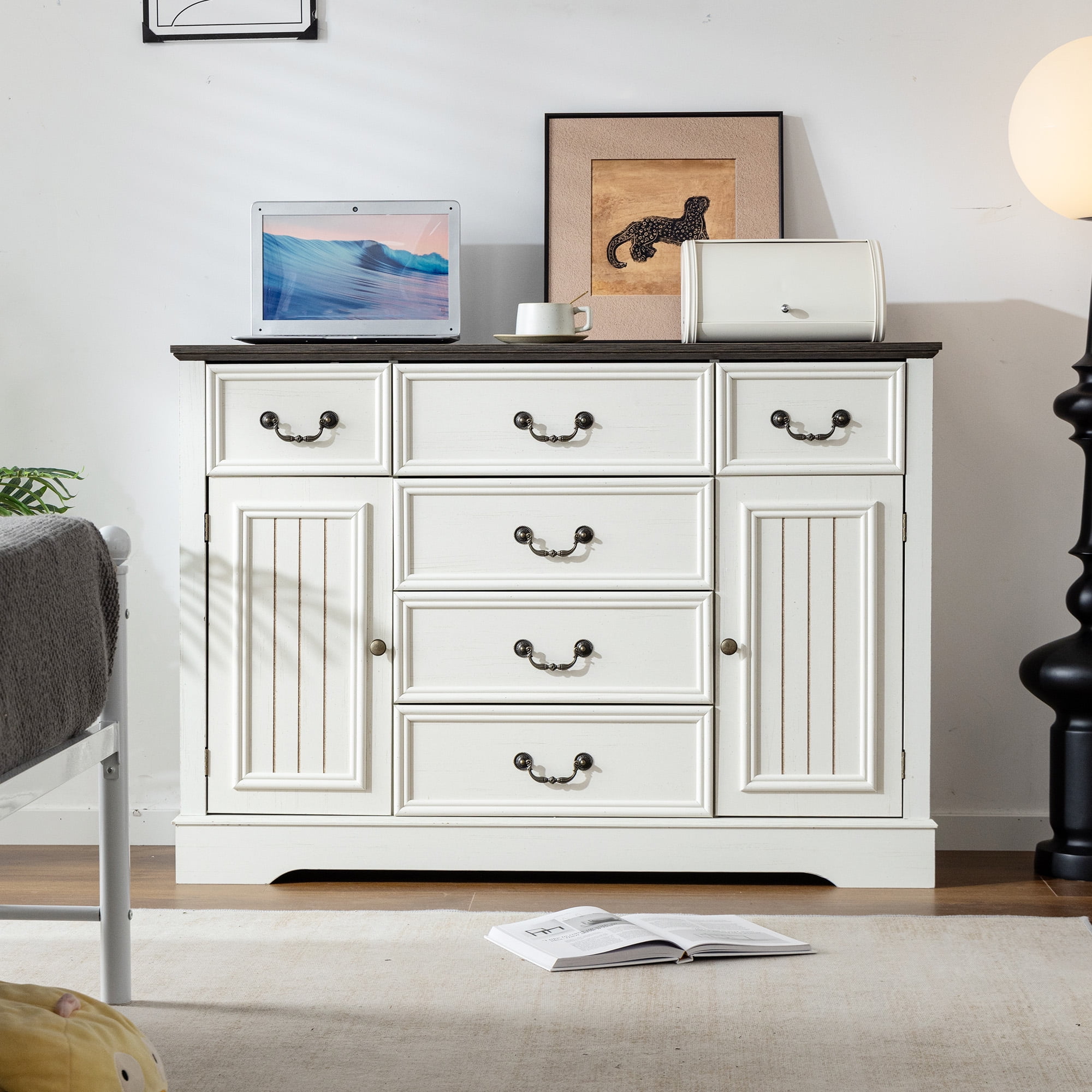 EnHomee 6 Drawers Dresser with Barn Door,Wooden White Dressers for Bedroom,Chest of Drawers for Living Room Entryway Hallway,47.2" Wx33.5 H x15.7 D