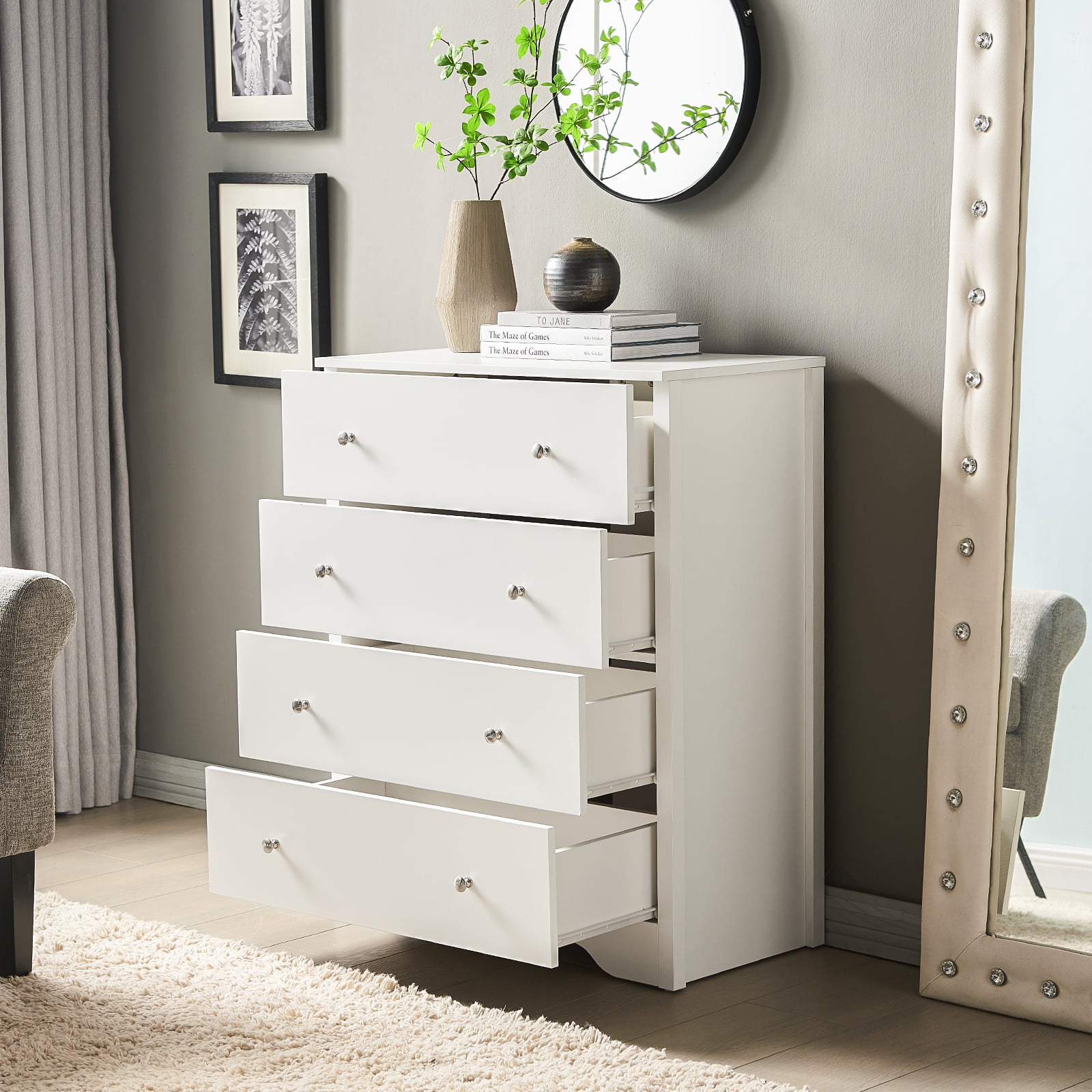 Bedroom 4 Drawer Chest Dresser Storage Cabinet Wood Furniture  Organizer White 