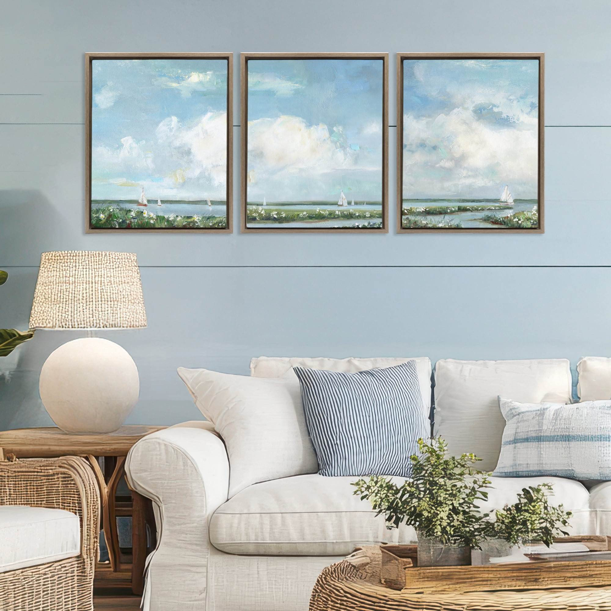 Stupell Industries Daisies Along Calm Coastline 3 Piece Brown Framed Floater Canvas Set, design by Sally Swatland