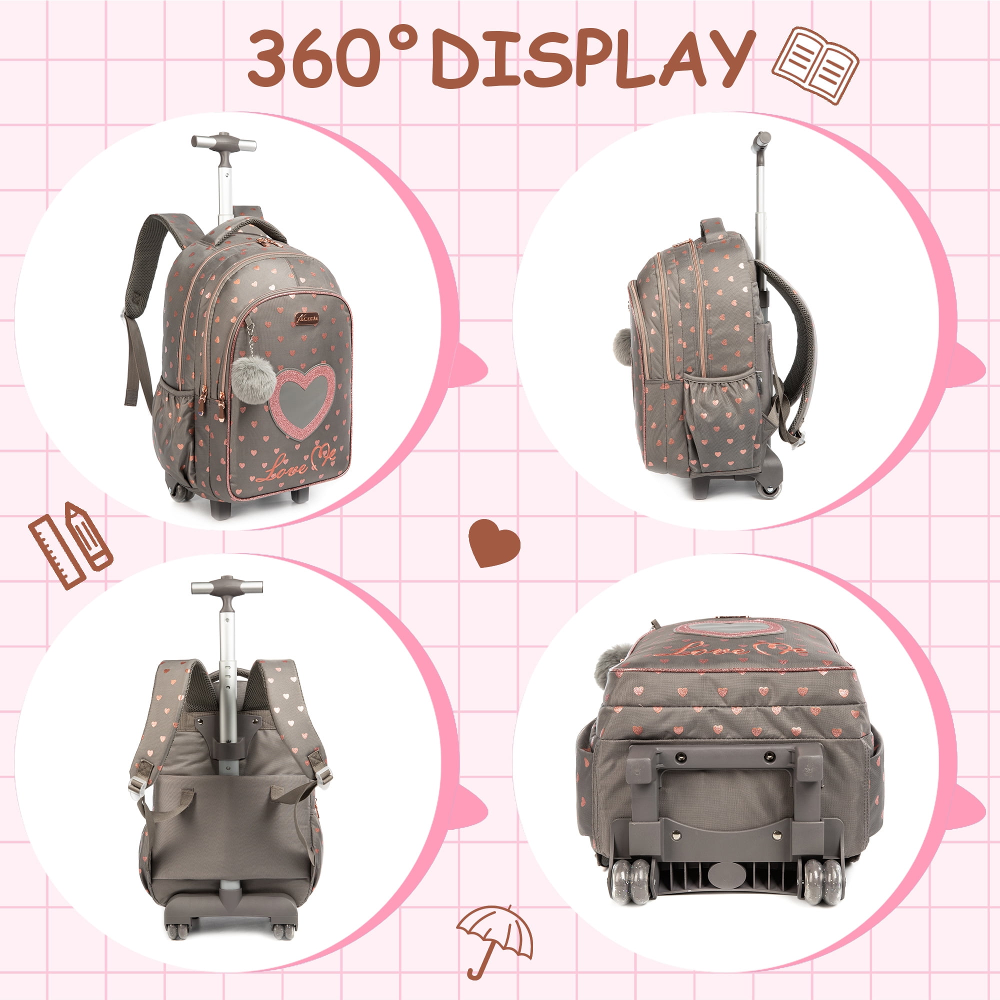 Kids Rolling Backpacks for School Girls with Wheels Rolling School Bags Lunch Bag Pen Case for Ages 6-8