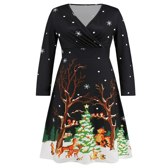 Robe de Noël pour Femmes Manches Longues Col en V Imprimé Robe Midi