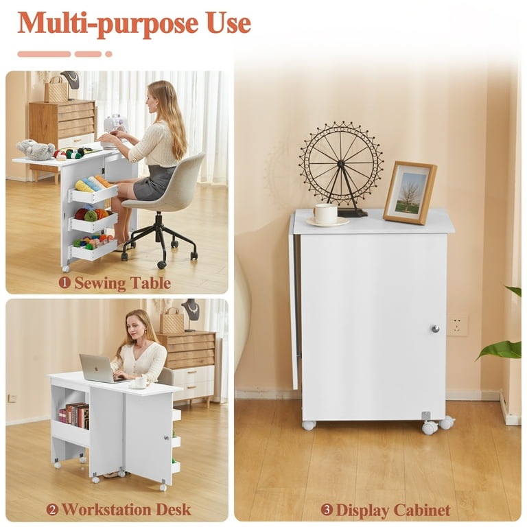 Folding Wood Sewing Craft Table with Storage Shelves Cabinet