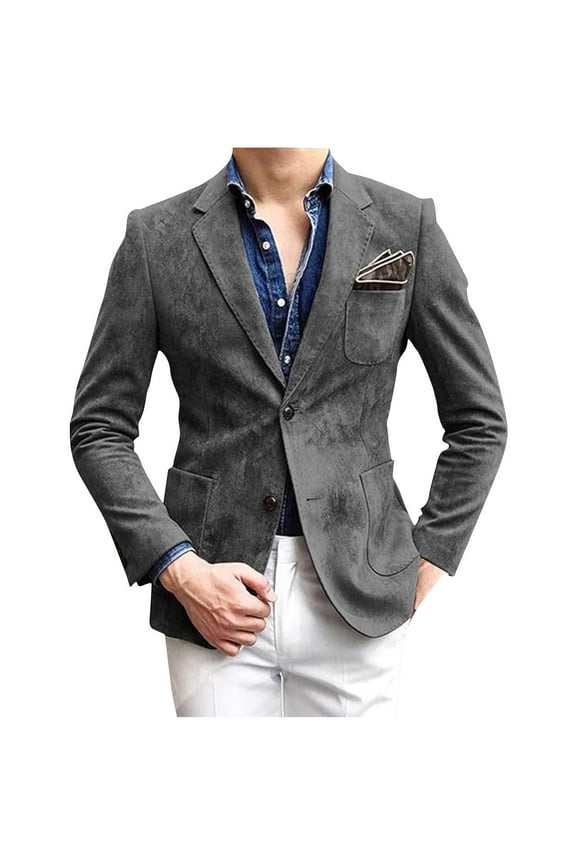 Men's Blazer Suede Jacket Casual 2 Buttons Sport Coat Faux Leather Suit Slim Fit Party Work Buiness Clothes Gray L