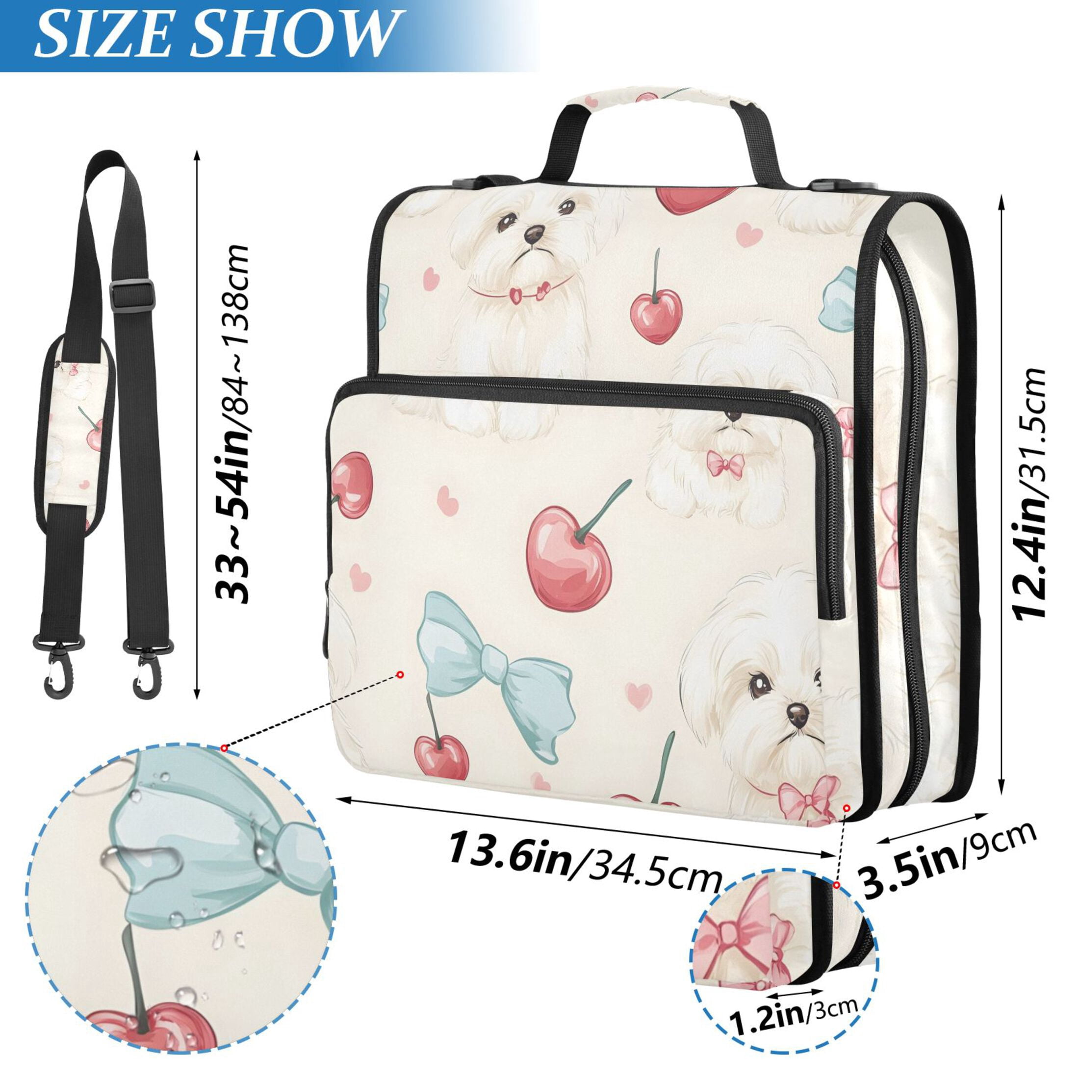 3 Ring Zipper Binder with Shoulder Strap Waterproof Trapper Keeper 2 Inch D-Ring 500 Sheets Capacity Cute Dogs Cherry Bow