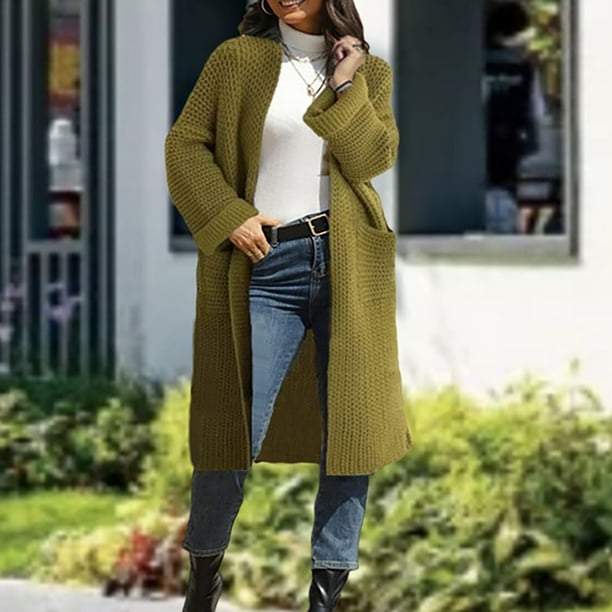 Suéter de punto para mujer, cárdigan de color liso, cuello en V largo, bolsillo, abrigo de punto para mujer