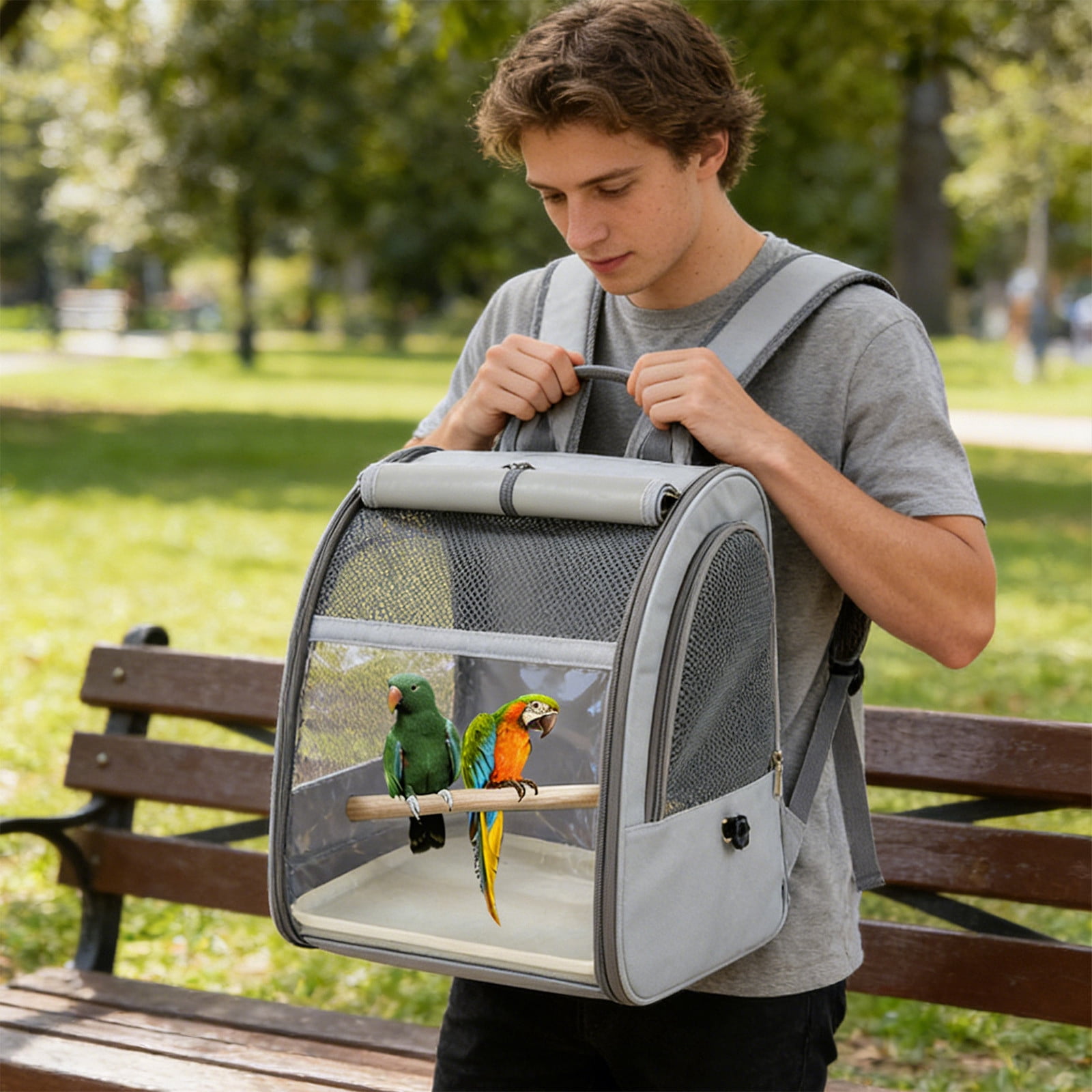 Bird Carrier Bag, Bird Travel Cage with Standing Perch and Stainless Steel Mesh, Protable Transparent Breathable Carrier for Small Birds Parrot Parakeet, Gray