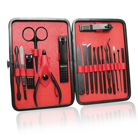 Manicure Set 18 in 1 Grooming Kit Stainless Steel Professional Pedicure Set,Nail Scissors,Nail File,Ear Pick,Tweezers,Nose Hair Scissors,Eyebrow Razor with Black Leather Travel Case