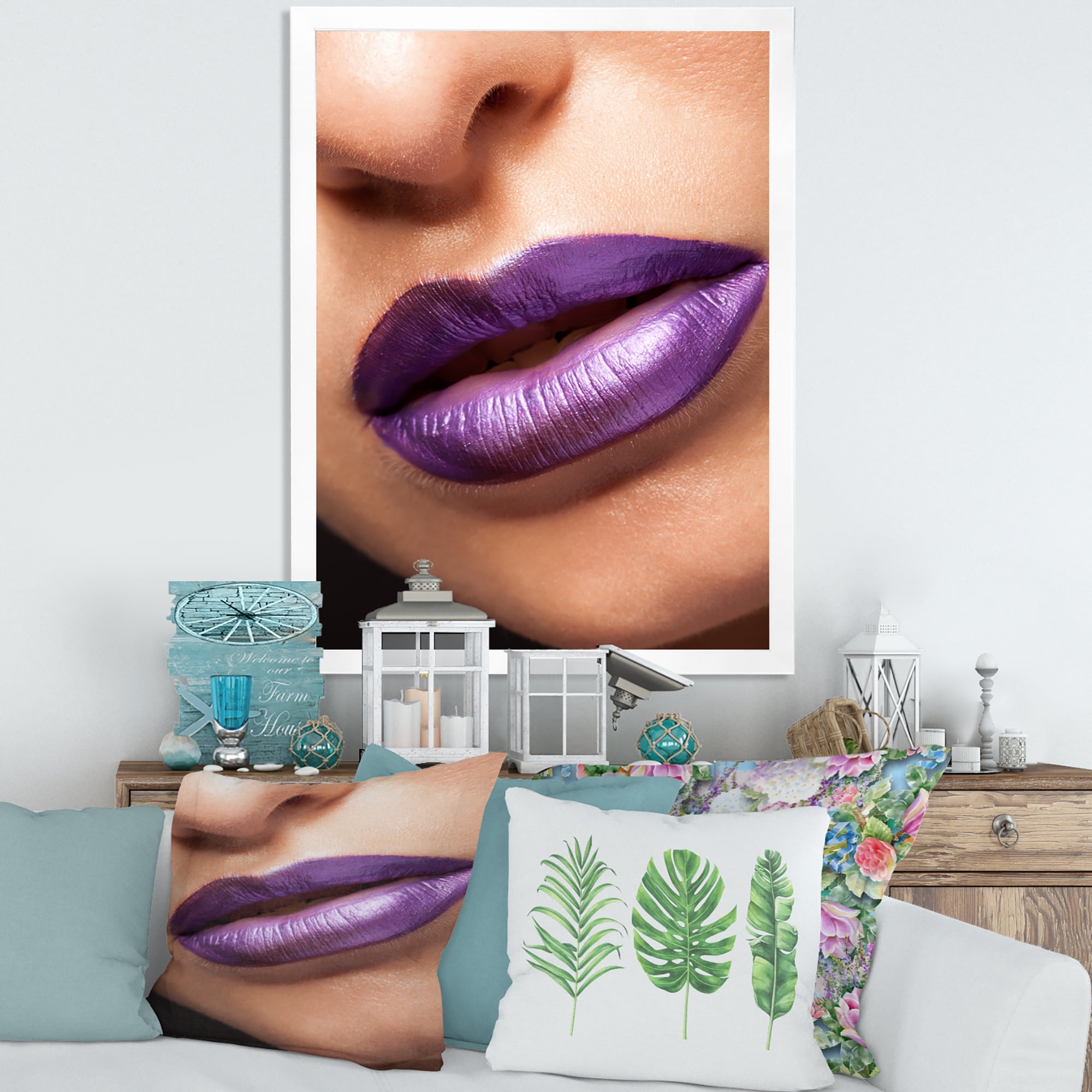 Designart 'Close Up View of Girl Lips With Purple Lipstick' Modern Framed Art Print