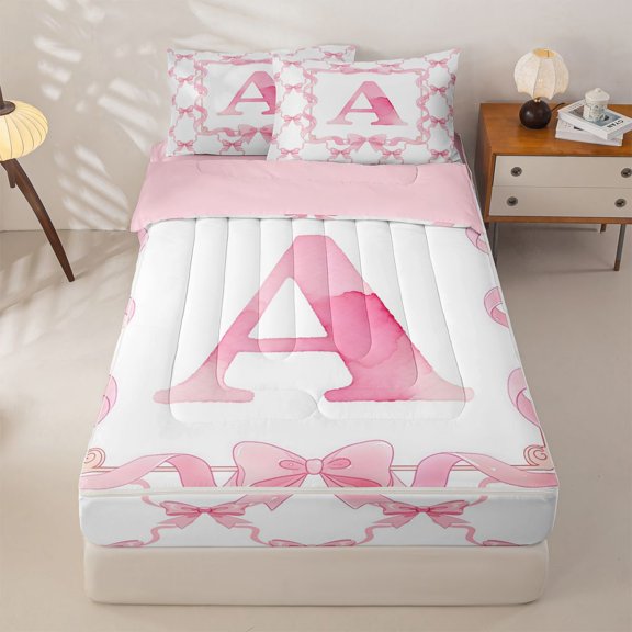 Homewish Cute Coquette Bowknot Zipper Twin Comforter Sets with Fitted Sheet and 2 Pillowcases,Girls Pink A Alphabet Letter Zipper Bedding Set For Kids,Pink Reversible,4 Pieces
