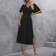 thumbnail image 4 of Vestido Maxi de Manga Larga para las Mujeres Caída Sólido de Manga Corta Cuello en V Plisado Vestido Maxi Midi, Cintura Elástica Boho Vestido de Playa con Bolsillos, 4 of 8