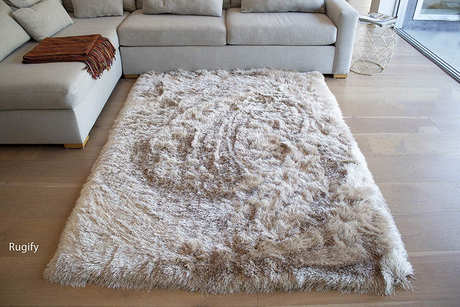 Large 5'x7' Feet Cream Tan Oatmeal Sand Two Tone Colors Shaggy Shag Fluffy Fuzzy Solid Design Soft Thick Plush Shimmer Shag Indoor Living Room Bedroom Area Rug Carpet Sale Polyester